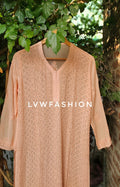 Powder peach Georgette Chikankari suit by LVW Fashion featuring intricate embroidery and full set design.