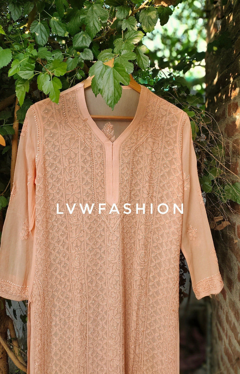 Powder peach Georgette Chikankari suit by LVW Fashion featuring intricate embroidery and full set design.