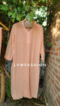 Powder peach premium georgette Chikankari suit by LVW Fashion, full set with intricate hand embroidery and traditional design.