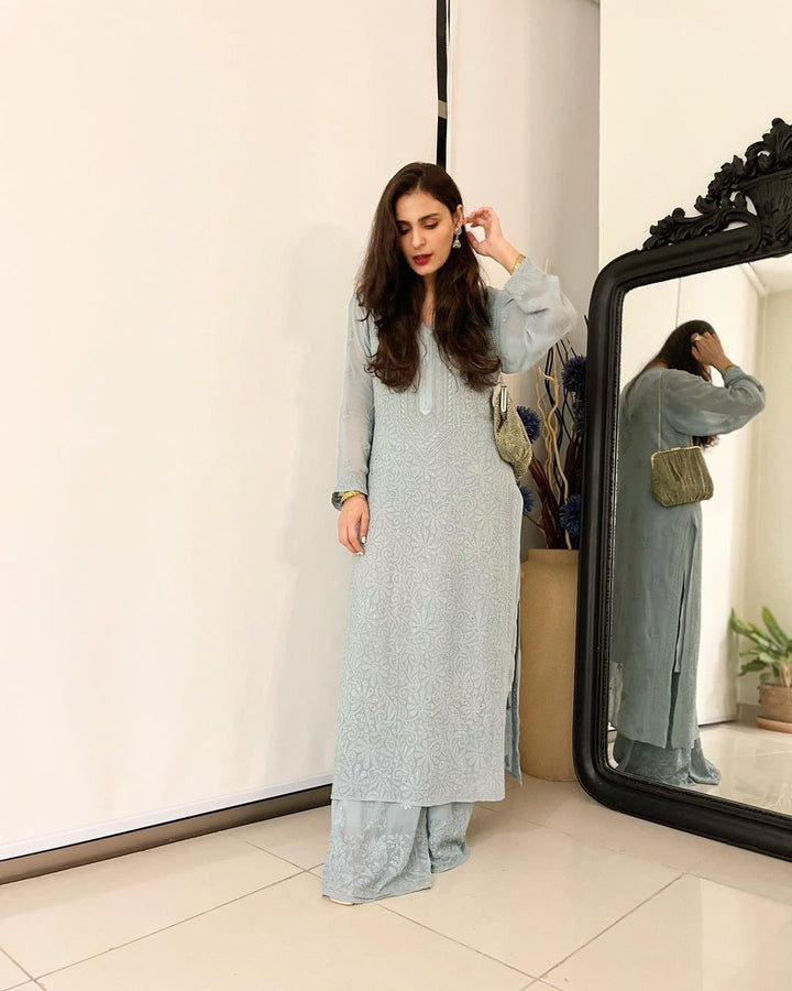 LVW Fashion Resham Premium Georgette Chikankari Set featuring intricate hand embroidery on a luxurious full set.