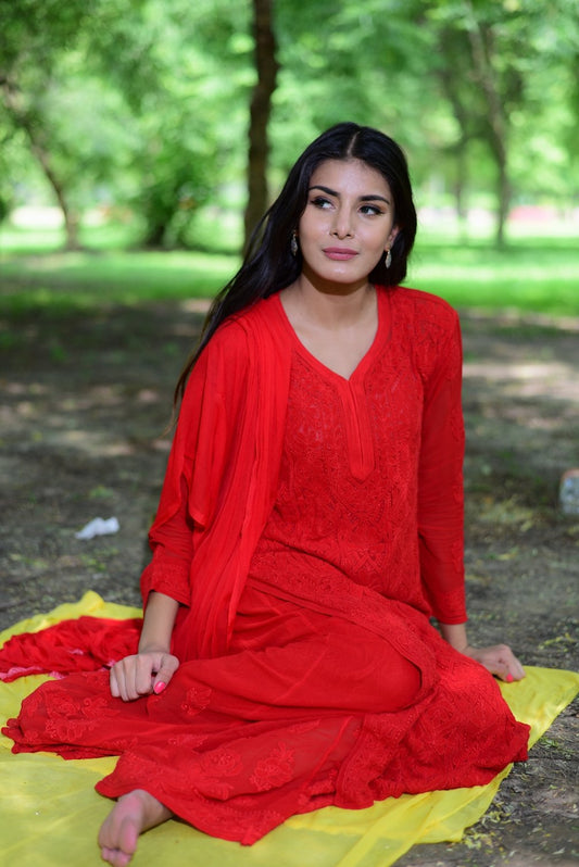 LVW Fashion luxurious Chikankari set featuring reddish premium georgette fabric with intricate Resham embroidery and chikankari detailing.