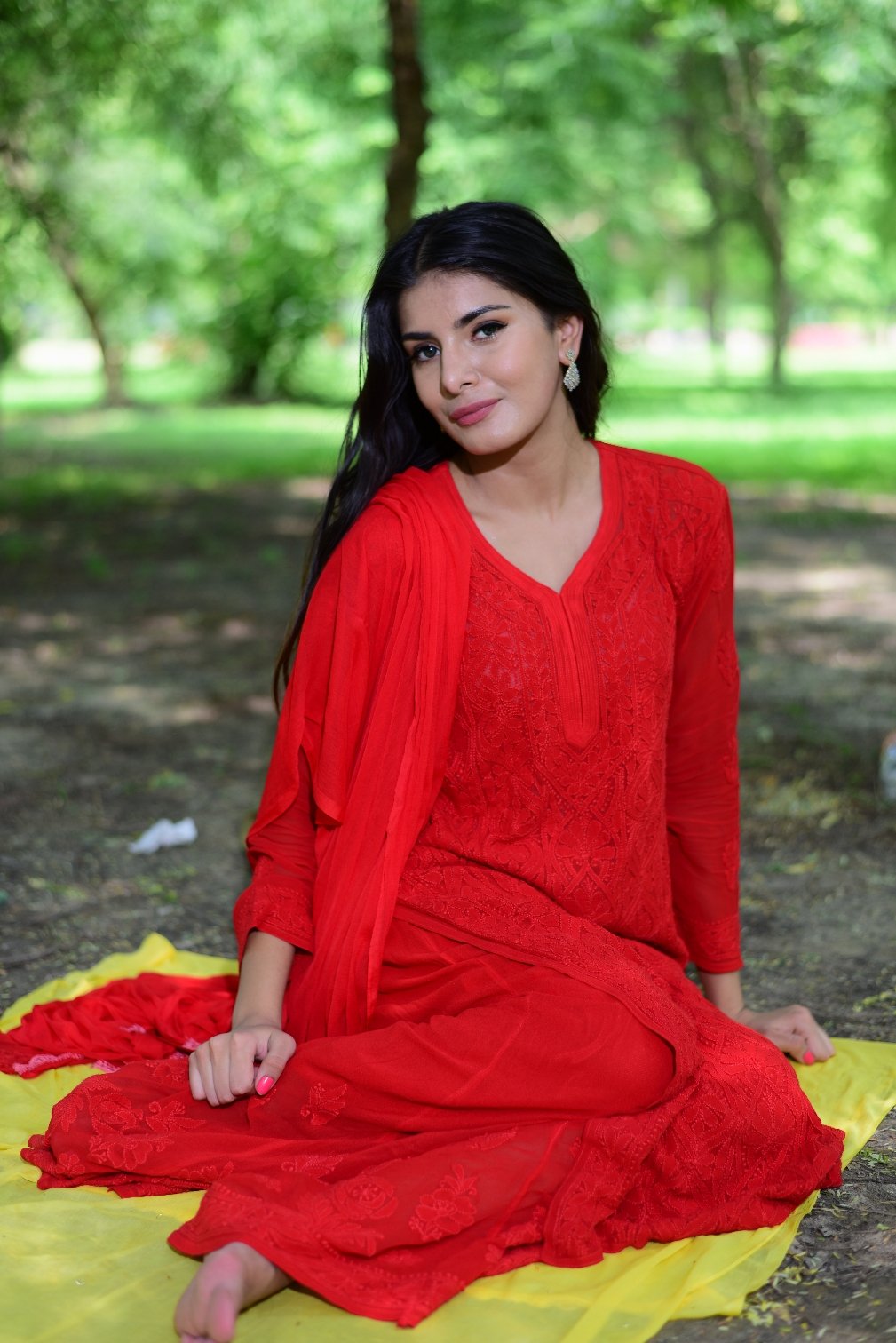 Resham Reddish premium georgette Chikankari set by LVW Fashion featuring intricate embroidery and traditional craftsmanship.