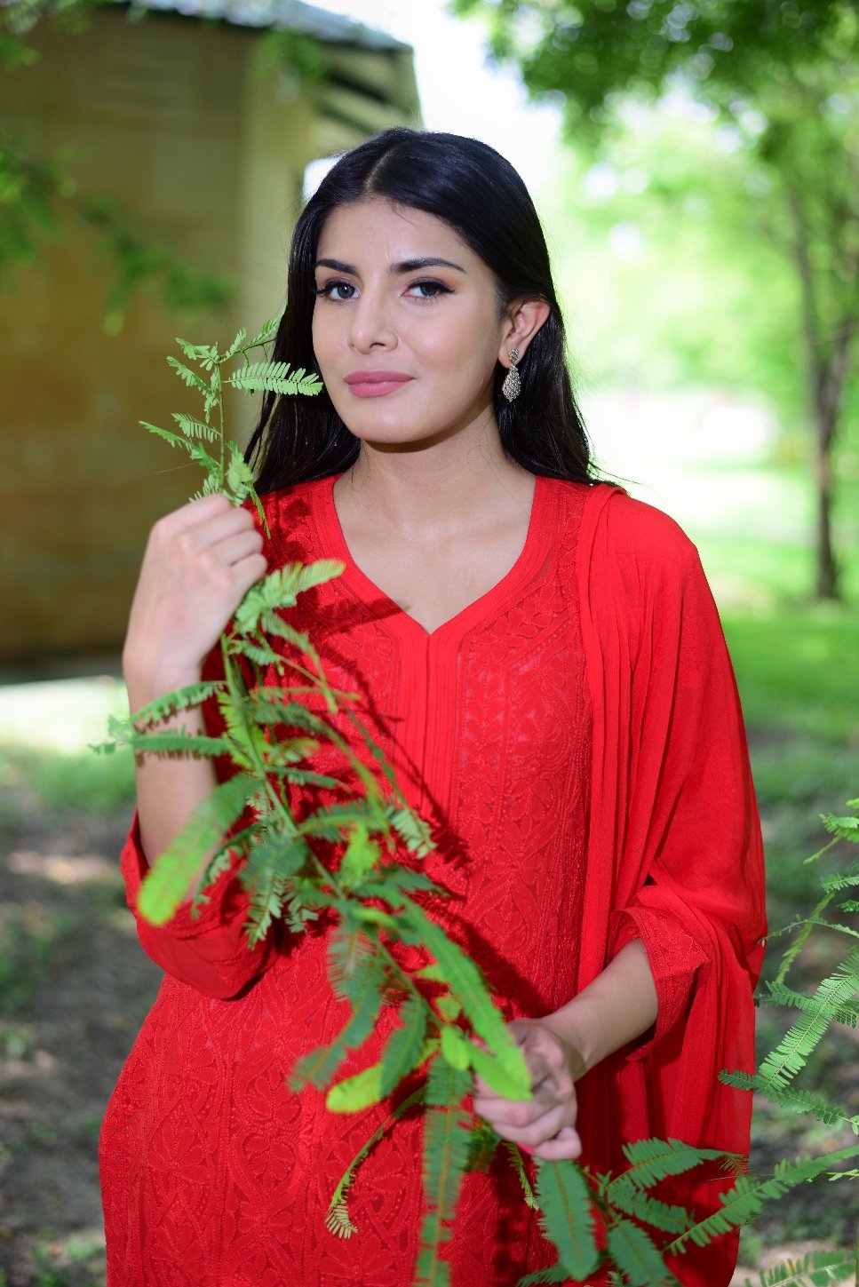 Resham Reddish premium georgette Chikankari set by LVW Fashion, featuring intricate embroidery and traditional craftsmanship.