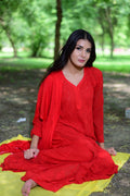 Resham Reddish premium georgette Chikankari set with intricate embroidery from LVW Fashion Luxurious Chikankari, full outfit.