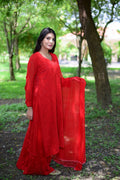 LVW Fashion luxurious Chikankari set featuring reddish premium georgette fabric with intricate Resham embroidery and Chikankari detailing.