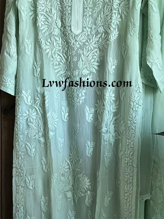 Winter green premium georgette handcrafted suit set by LVW Fashion with intricate chikankari embroidery, full ensemble displayed.