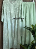 Winter Green premium georgette handcrafted suit set by LVW Fashion with intricate chikankari embroidery and full ensemble.