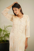 Heer Powder Brown premium silk Chikankari Kurta set with dupatta, featuring intricate embroidery and traditional design from LVW Fashion.