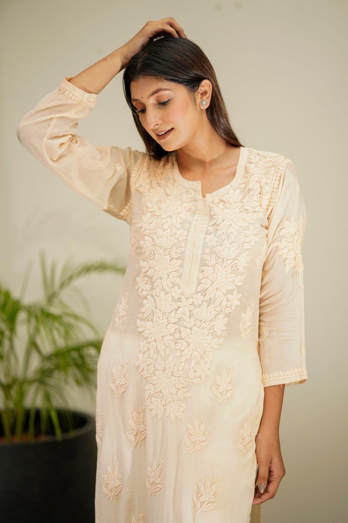 Heer Powder Brown premium silk Chikankari Kurta set with dupatta, featuring intricate embroidery and traditional design from LVW Fashion.