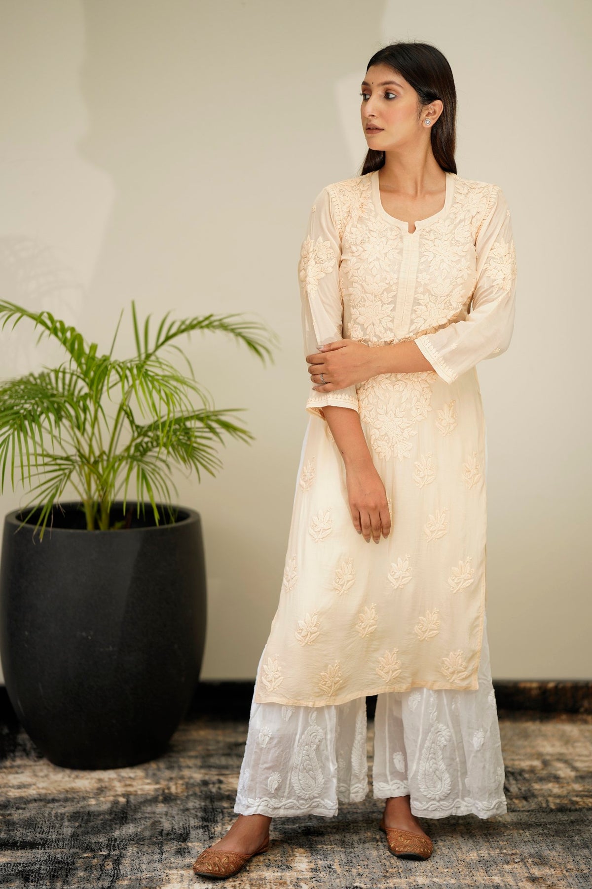 Heer Powder Brown silk Chikankari Kurta set with dupatta, full traditional ensemble by LVW Fashion Luxurious Chikankari.