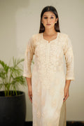 Heer Powder Brown premium silk Chikankari Kurta set with dupatta, featuring intricate embroidery and traditional craftsmanship.