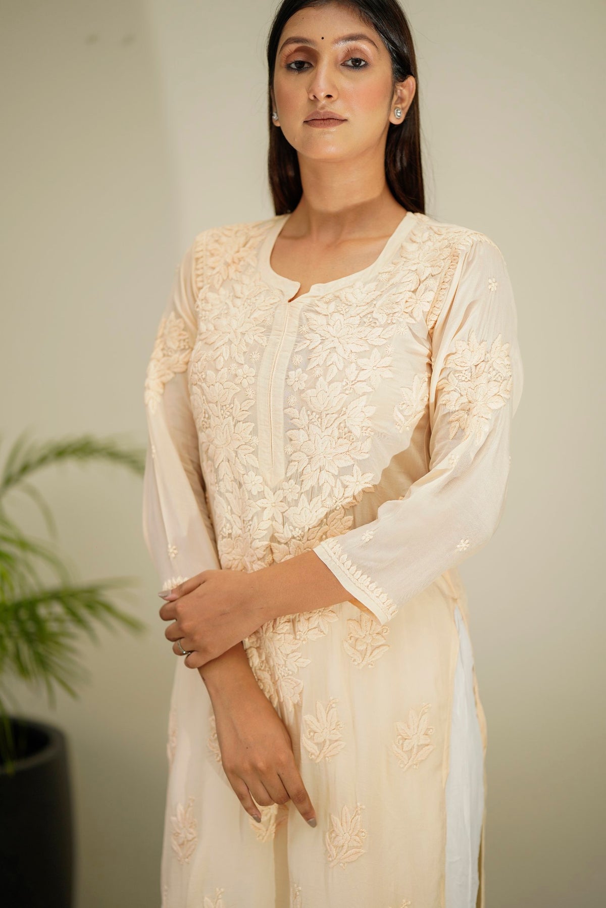 Heer Powder Brown Premium Silk Chikankari Kurta Set with dupatta by LVW Fashion, featuring intricate embroidery and elegant design.