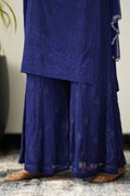 Zohra Indigo premium georgette Chikankari Sharara set with attractive bottom design, by LVW Fashion Luxurious Chikankari.