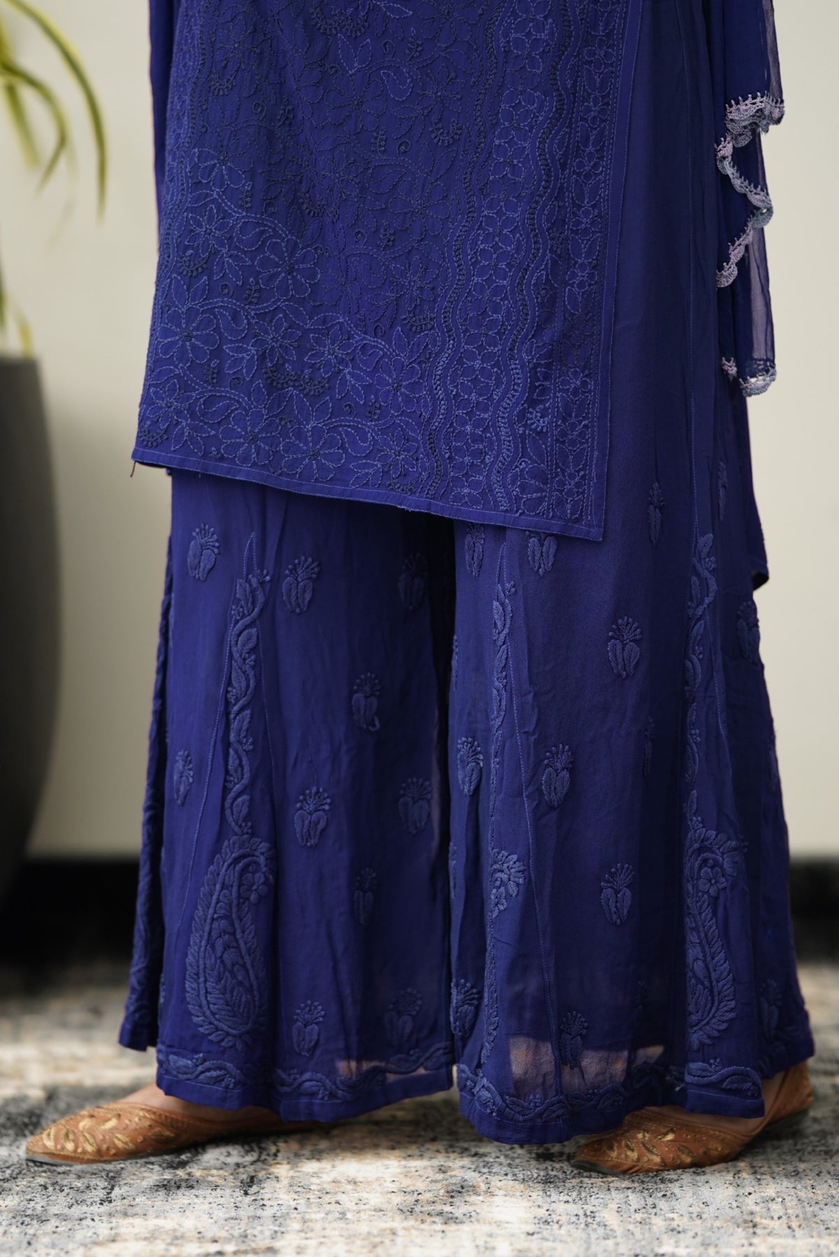 Zohra Indigo premium georgette Chikankari Sharara set with attractive bottom design, by LVW Fashion Luxurious Chikankari.
