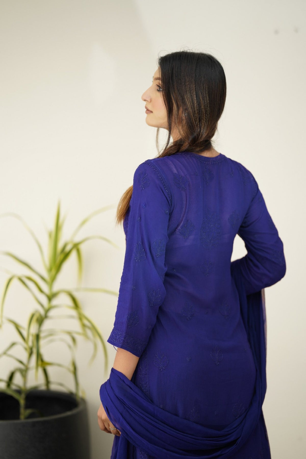 Zohra Indigo premium georgette Chikankari sharara set with attractive bottom design by LVW Fashion, full ensemble displayed.