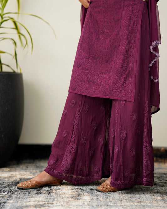 Zohra Mauve premium georgette Chikankari Sharara set with attractive bottom design by LVW Fashion, full traditional Indian outfit.
