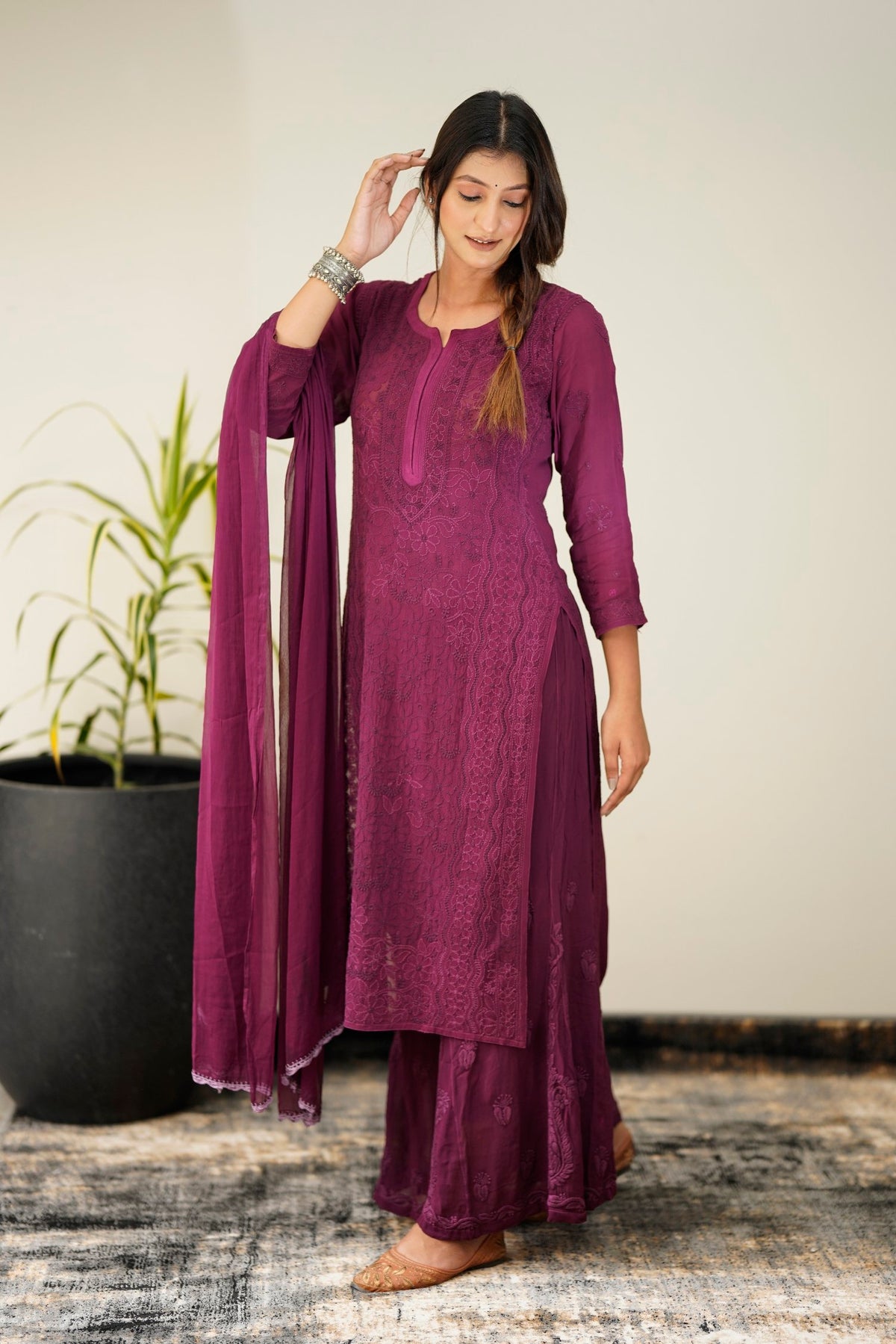 Zohra Mauve premium georgette Chikankari sharara set with intricate embroidery and attractive bottom design by LVW Fashion.