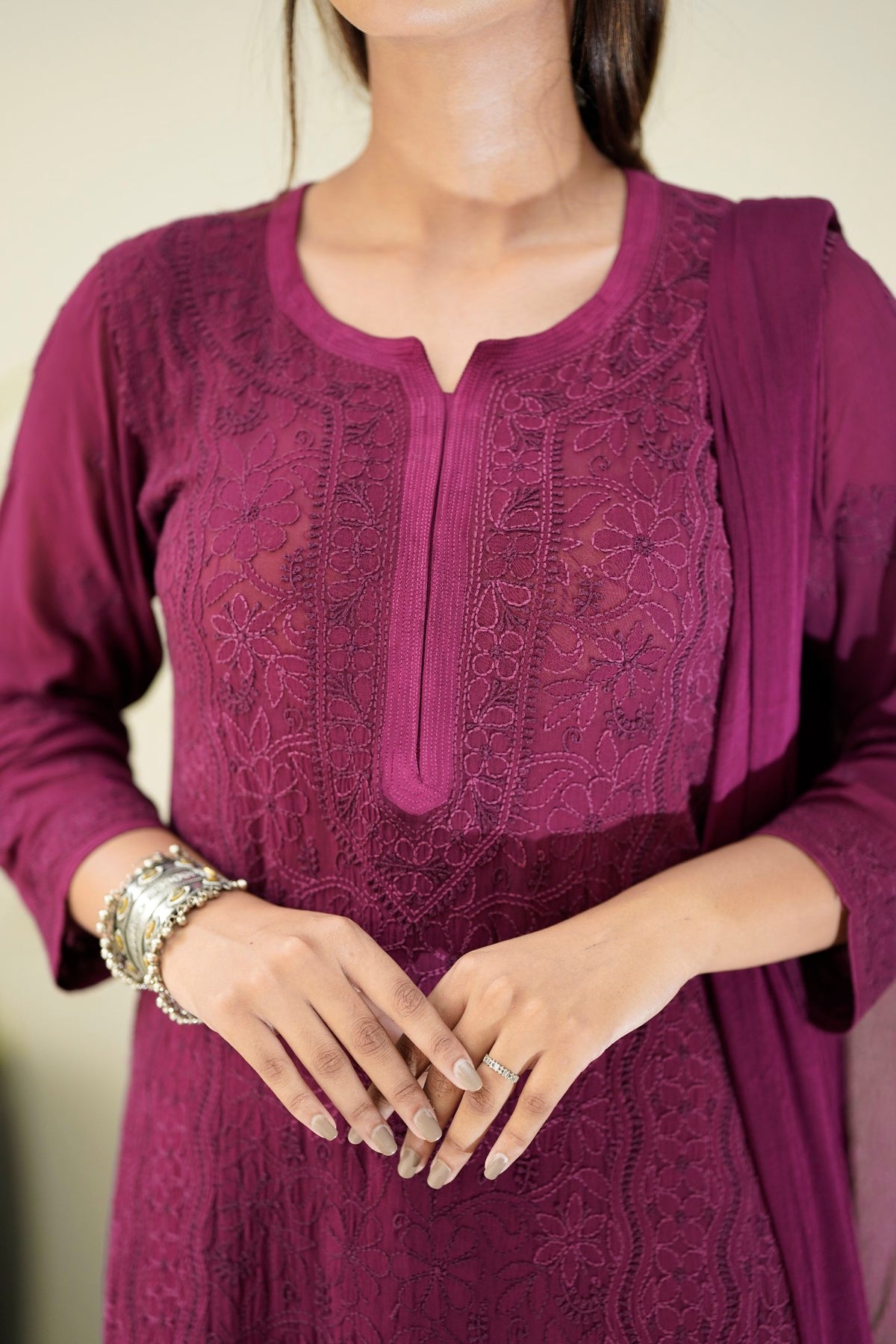 Zohra Mauve Premium Georgette Chikankari Sharara Set with attractive bottom design from LVW Fashion.
