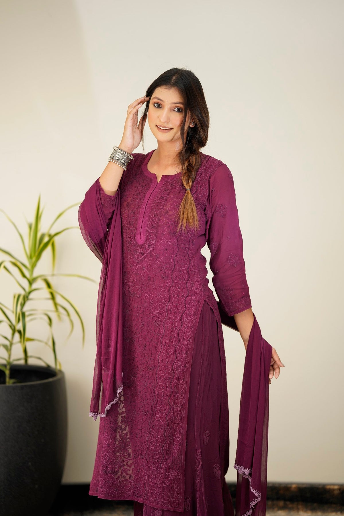 Zohra Mauve premium georgette Chikankari Sharara set with attractive bottom design, by LVW Fashion Luxurious Chikankari.