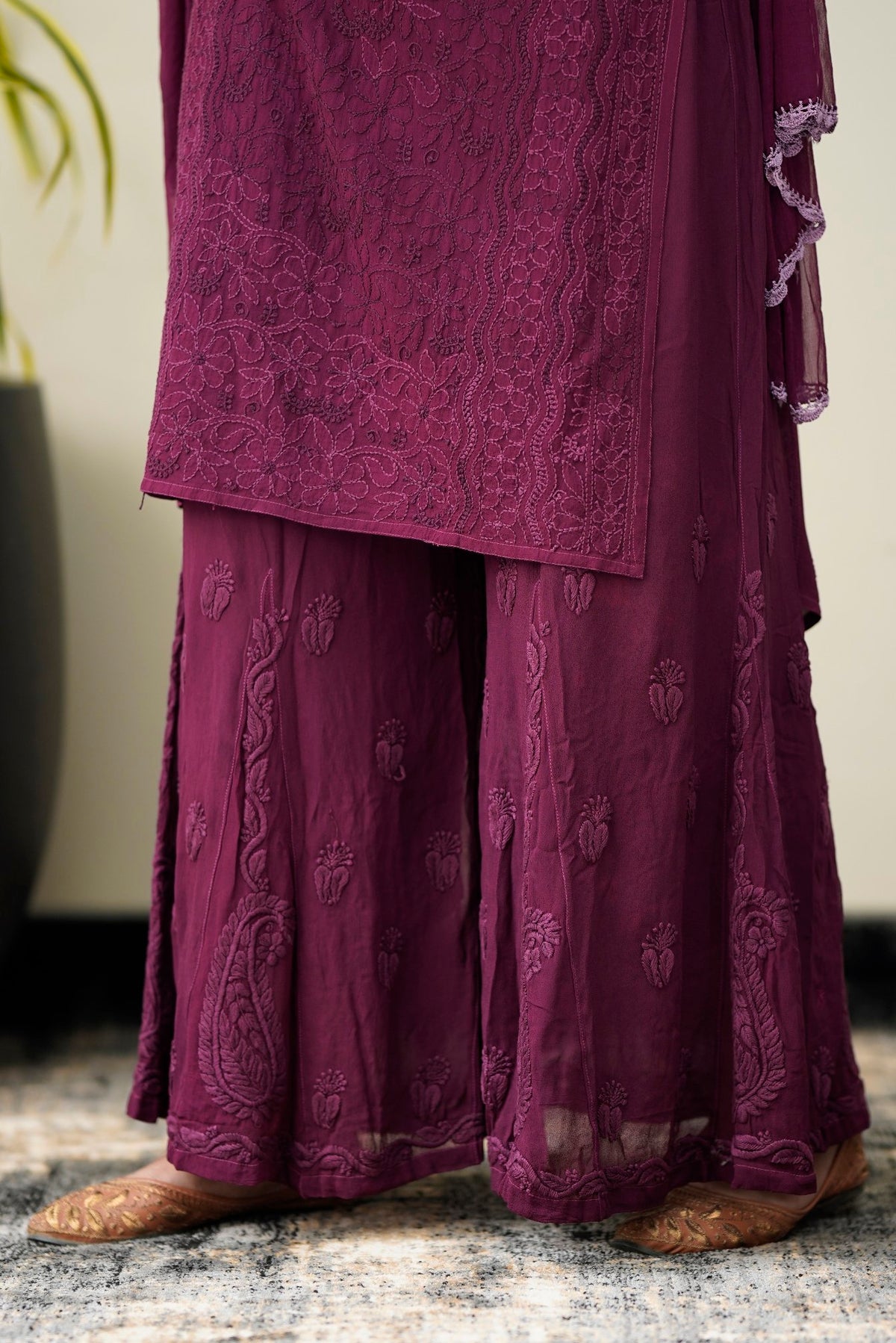 Zohra Mauve premium Georgette Chikankari Sharara set with attractive bottom design, by LVW Fashion Luxurious Chikankari.