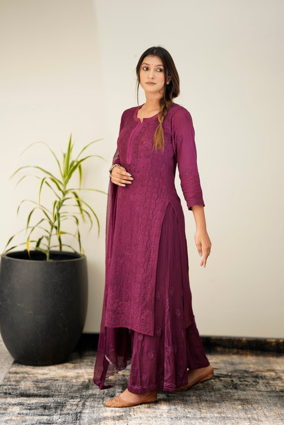 Zohra Mauve premium georgette Chikankari sharara set with intricate embroidery and attractive bottom design by LVW Fashion.