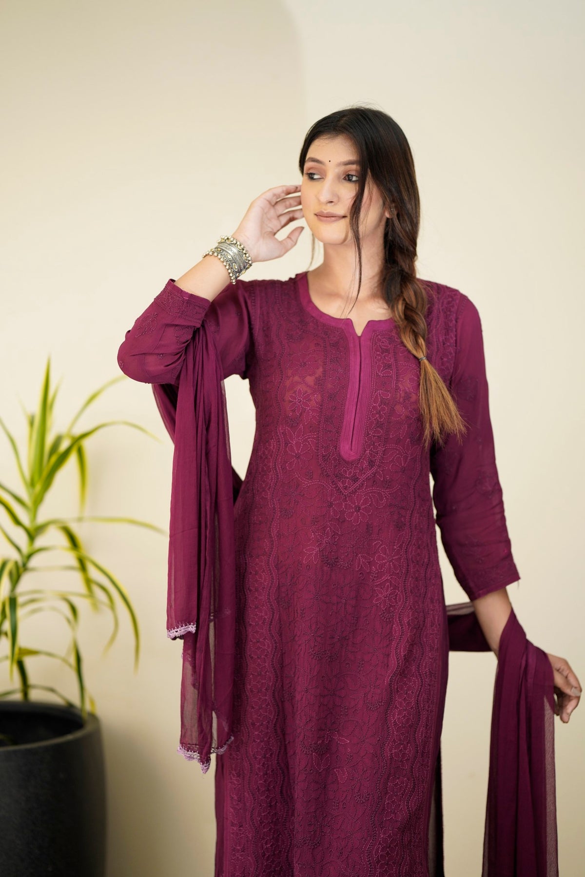 Zohra Mauve premium georgette Chikankari Sharara set with attractive bottom design, by LVW Fashion Luxurious Chikankari.