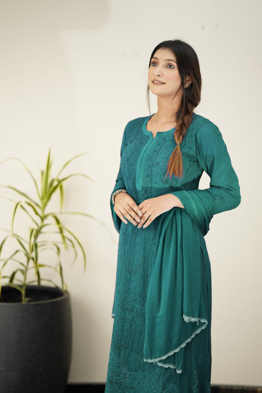 Zohra Myrtle Green Premium Georgette Chikankari Sharara Set with attractive bottom design by LVW Fashion, showcasing intricate embroidery details.