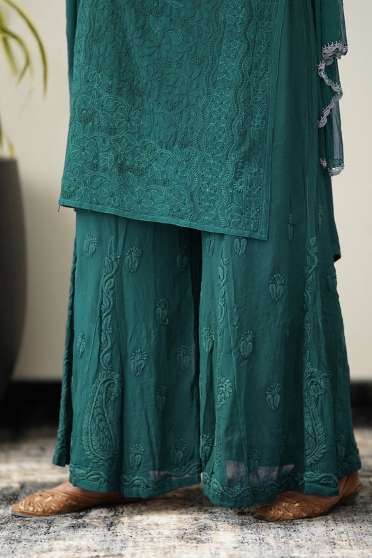 Zohra Myrtle Green premium georgette Chikankari Sharara set with intricate embroidery and attractive bottom design by LVW Fashion.