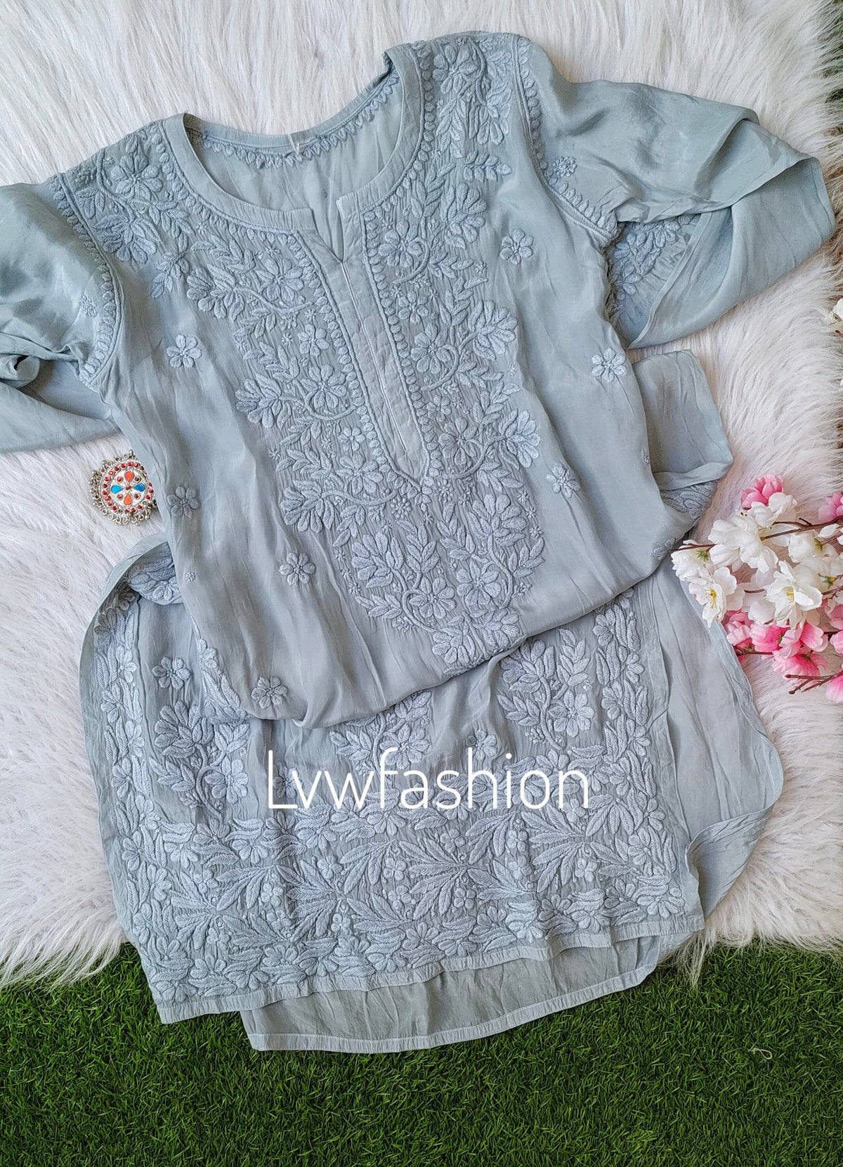 Grayish-blue premium crepe silk kurtas with intricate Chikankari embroidery from LVW Fashion, showcasing elegant traditional craftsmanship.