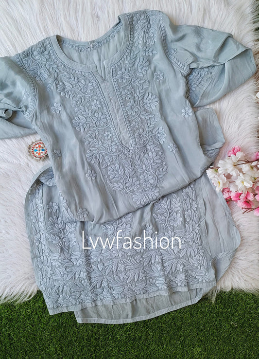 Grayish-blue premium crepe silk kurtas with intricate Chikankari embroidery from LVW Fashion, showcasing elegant traditional craftsmanship.
