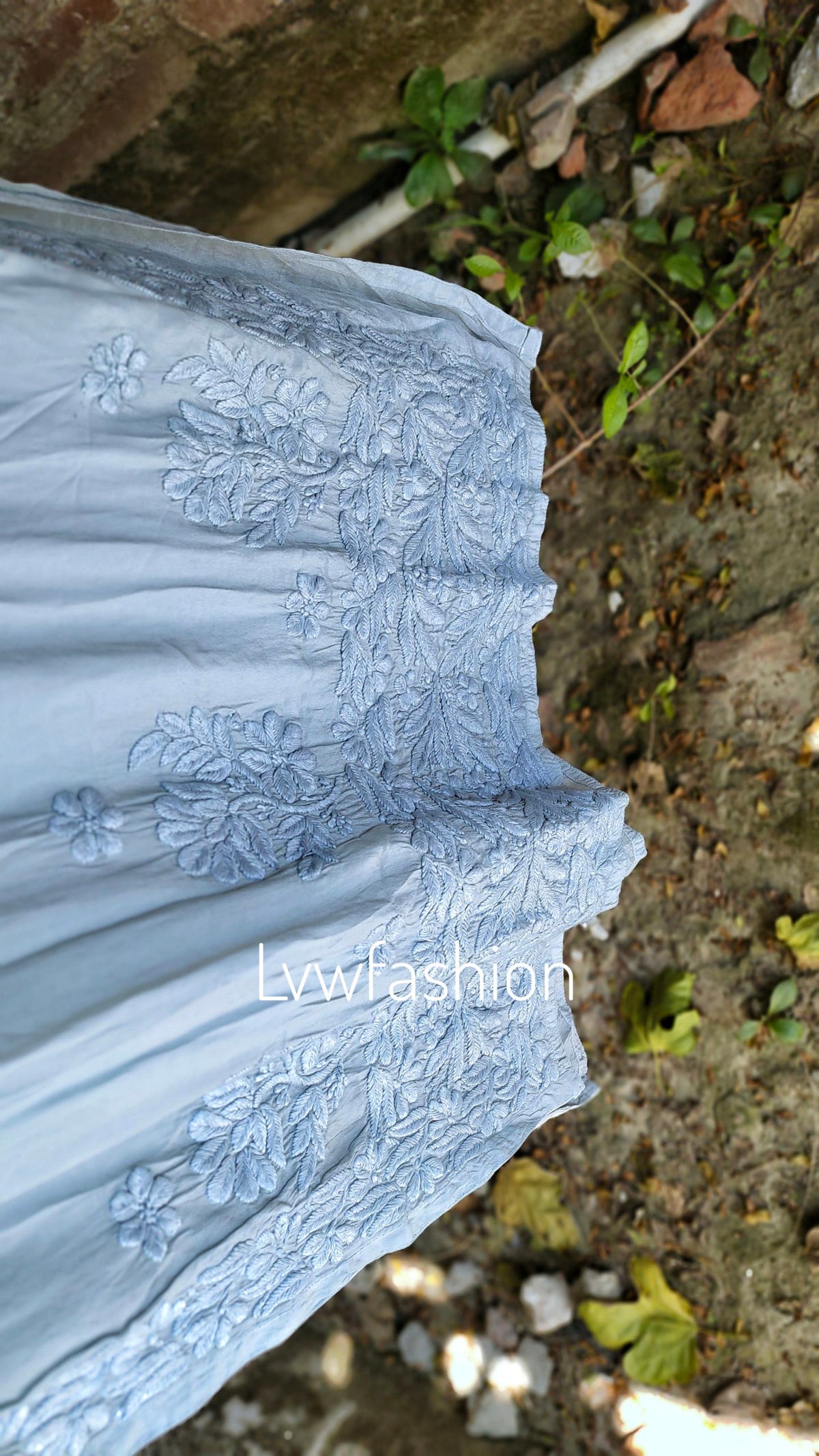 Beautiful shades of grayish-blue premium crepe silk kurta with intricate chikankari embroidery by LVW Fashion.