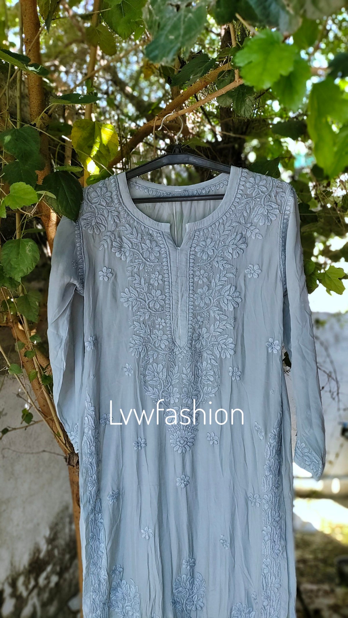 Beautiful shades of grayish-blue premium crepe silk kurta by LVW Fashion with intricate chikankari embroidery.