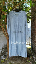 Beautiful shades of grayish-blue premium crepe silk kurta with intricate chikankari embroidery by LVW Fashion Luxurious.