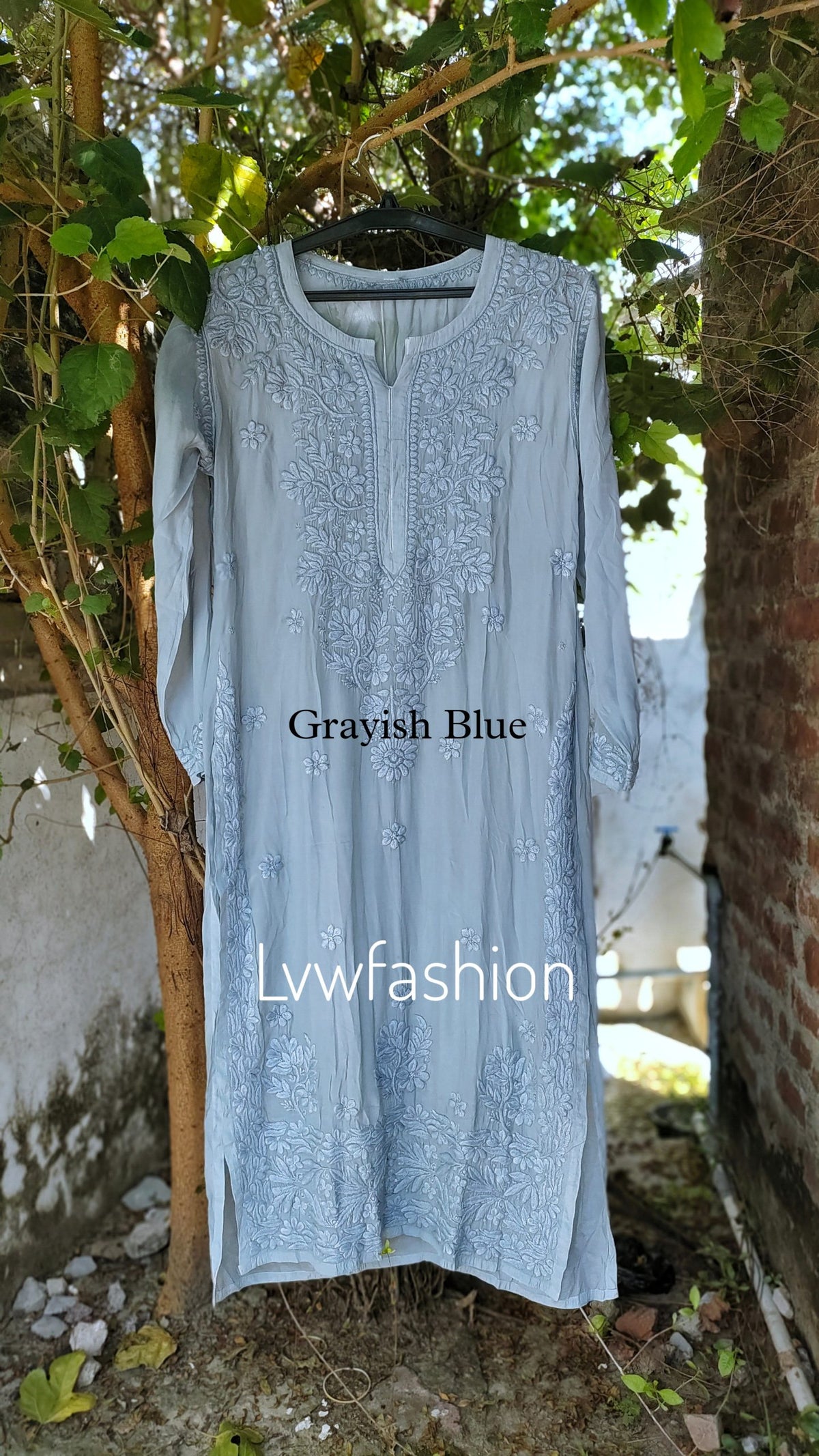 Beautiful shades of grayish-blue premium crepe silk kurta with intricate chikankari embroidery by LVW Fashion Luxurious.