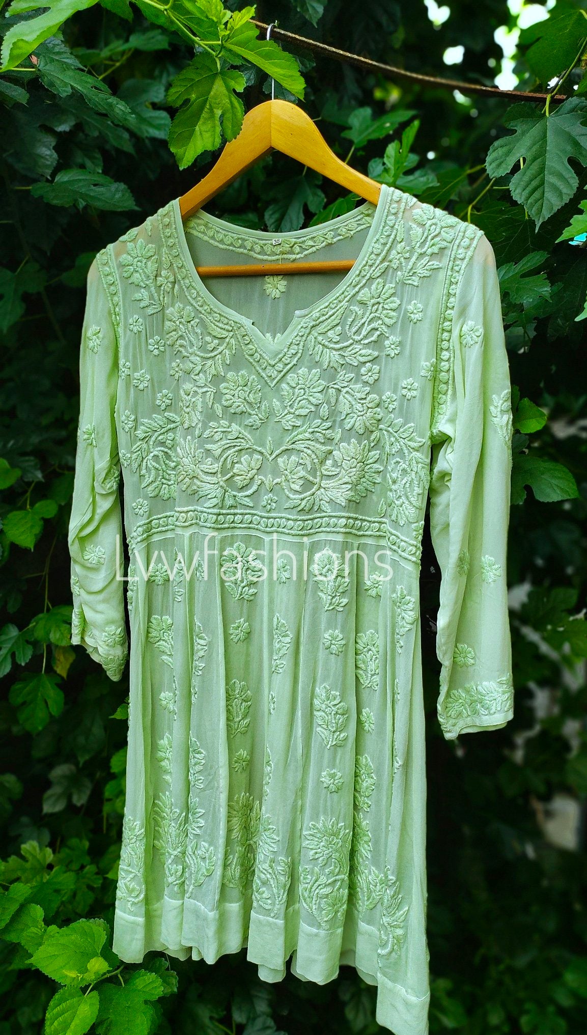 Grayish-blue Gazal Premium Georgette Chikankari Tunic Dress by LVW Fashion featuring intricate hand-stitched embroidery and a flowing silhouette.