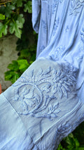 Grayish-blue Gazal Premium Georgette Chikankari Tunic Dress by LVW Fashion with intricate hand-embroidery and a flowy silhouette.