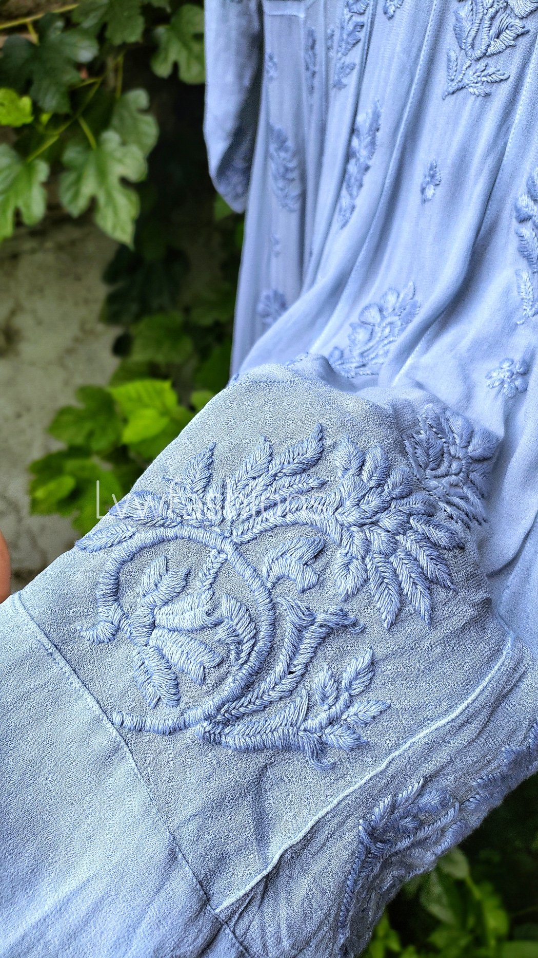 Grayish-blue Gazal Premium Georgette Chikankari Tunic Dress by LVW Fashion with intricate hand-embroidery and a flowy silhouette.