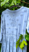 Grayish-blue Gazal Premium Georgette Chikankari Tunic Dress by LVW Fashion with intricate embroidery and a flowing silhouette.