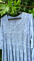 Grayish-blue Gazal Premium Georgette Chikankari Tunic Dress by LVW Fashion, featuring intricate floral embroidery and a flowing silhouette.