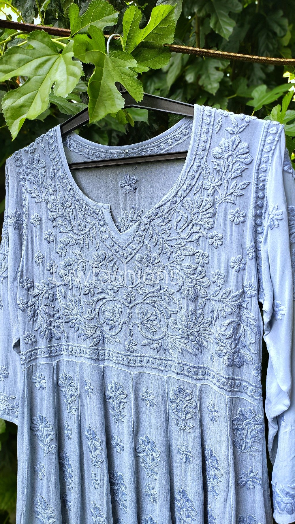 Grayish-blue Gazal Premium Georgette Chikankari Tunic Dress by LVW Fashion, featuring intricate floral embroidery and a flowing silhouette.