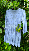 Grayish-blue Gazal Premium Georgette Chikankari Tunic Dress by LVW Fashion, showcasing intricate embroidery and elegant design.