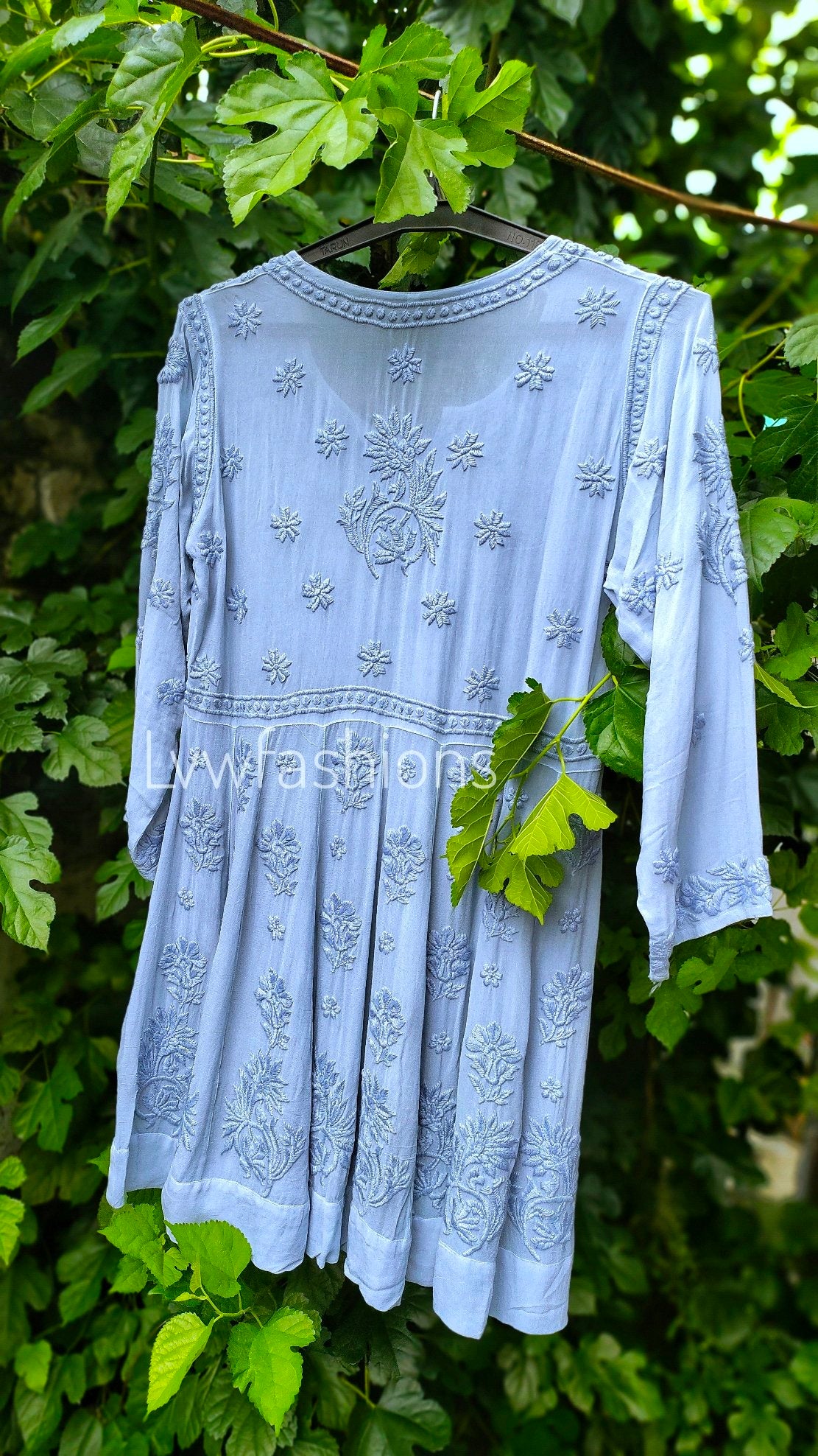 Grayish-blue Gazal Premium Georgette Chikankari Tunic Dress by LVW Fashion, showcasing intricate embroidery and elegant design.
