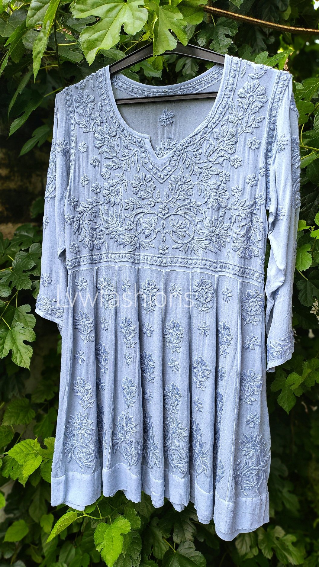 Grayish-blue Gazal Premium Georgette Chikankari Tunic Dress by LVW Fashion with intricate embroidery and a relaxed fit.