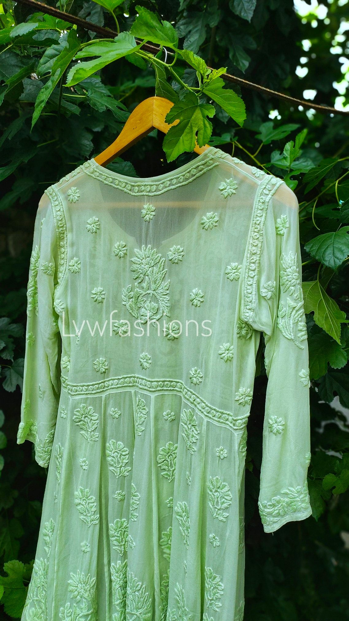 Grayish-blue Gazal Premium Georgette Chikankari Tunic Dress by LVW Fashion, featuring intricate embroidery and elegant design.