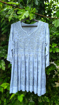 Grayish-blue Gazal Premium Georgette Chikankari Tunic Dress by LVW Fashion, featuring intricate embroidery and a classic silhouette.