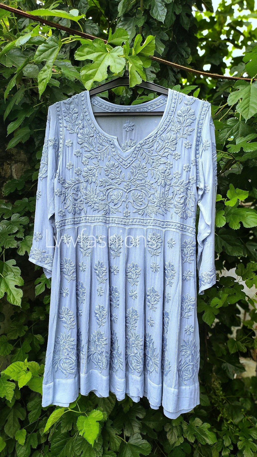 Grayish-blue Gazal Premium Georgette Chikankari Tunic Dress by LVW Fashion, featuring intricate embroidery and a classic silhouette.