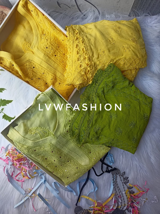 LVW Fashion luxurious Chikankari Haldi & Mehndi special premium georgette 3-piece set with intricate embroidery and vibrant colors.