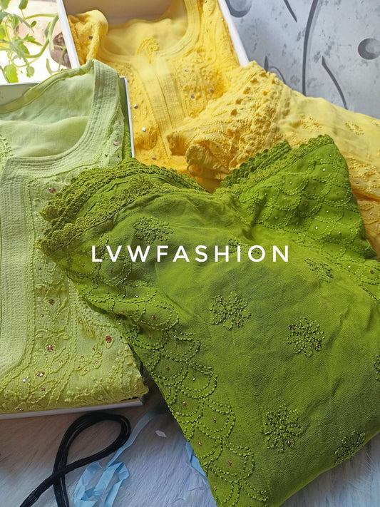 Luxurious LVW Fashion yellow Haldi and Mehndi special georgette 3-piece set with intricate chikankari embroidery.
