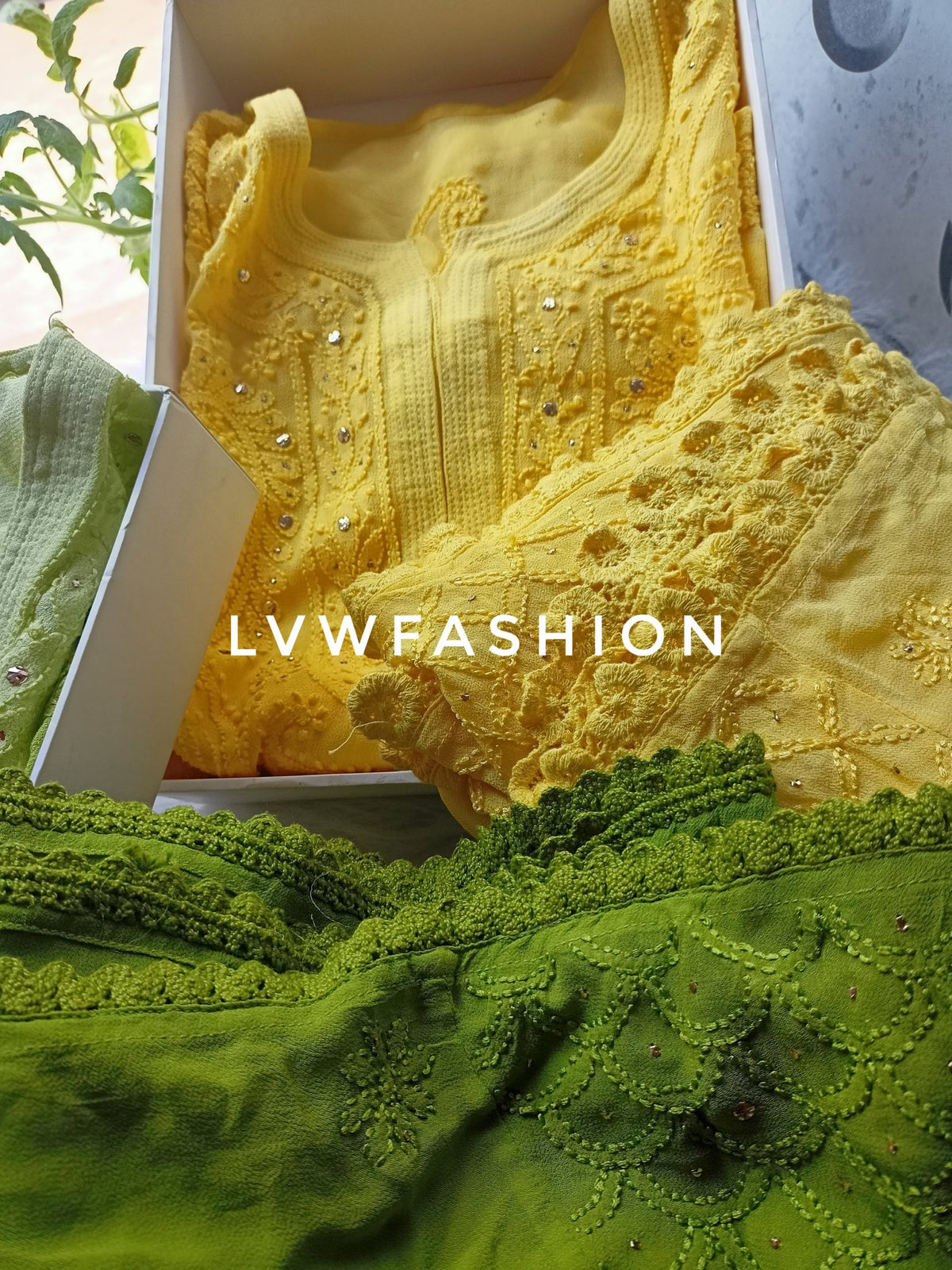 Green Haldi and Mehndi special premium georgette 3-piece set by LVW Fashion with intricate chikankari embroidery.