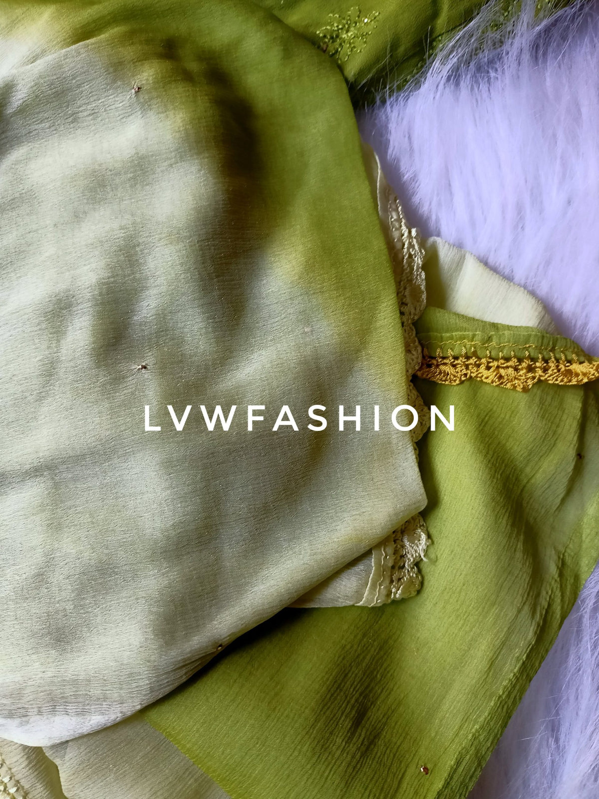 LVW Fashion luxurious Chikankari green georgette 3-piece set for Haldi and Mehndi, with intricate embroidery and elegant design.